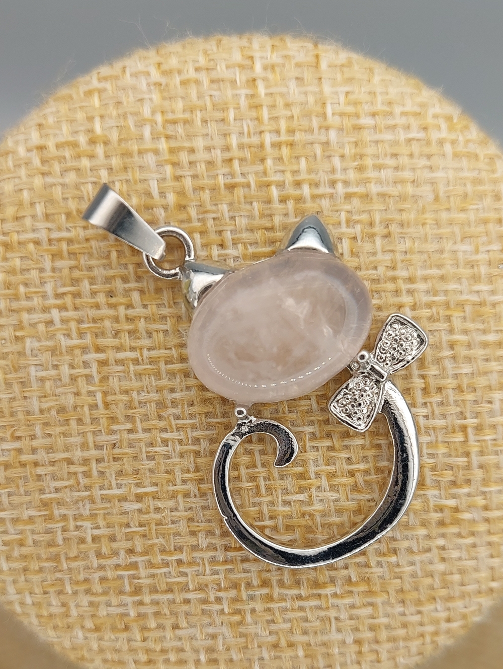 Silver Cat Pendant with Rose Quartz and Bow - Pink Stone Necklace Charm